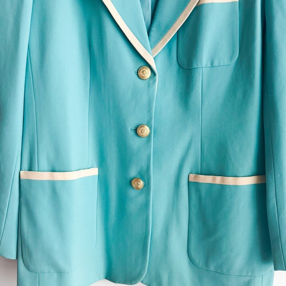 Talbots Petites Blue White Trim All Wool Classic Blazer 14P - Picture 3 of 5